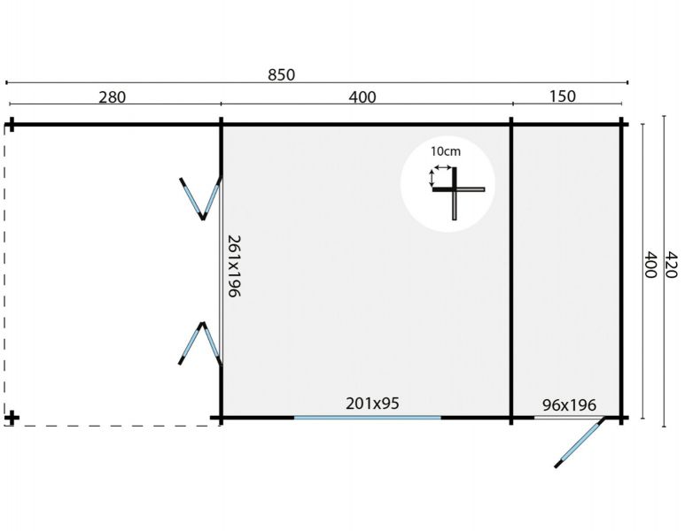 Tuindeco Sibella Blokhut 420x420 cm + luifel 280 cm 44 mm vuren grijs geïmpregneerd
