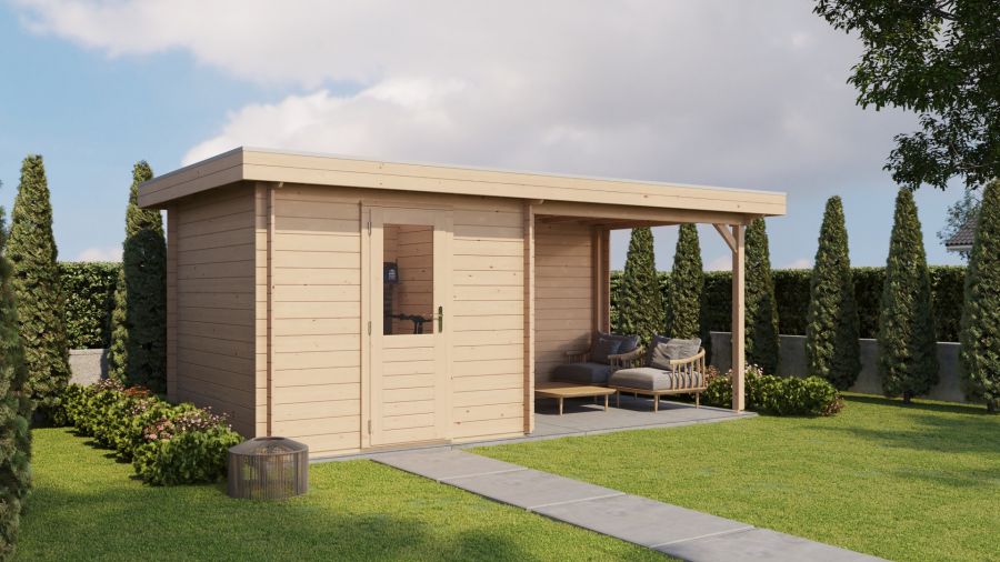 Lugarde Select Deventer Blokhut met overkapping 250x250 cm + overkapping 300 cm 28 mm vuren blank