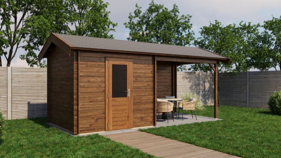 Lugarde Select Blokhut met overkapping Markelo 250x250cm + 300cm - Keteldruk Bruin