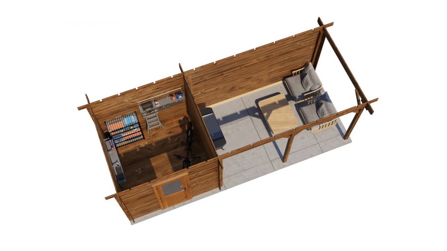 Lugarde Select Ede Blokhut met overkapping 250x250 cm + overkapping 400 cm 28 mm keteldruk bruin geïmpregneerd