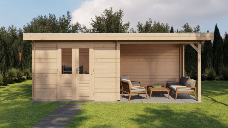 Lugarde Select Blokhut met overkapping Wageningen 300x250cm + 300cm - Onbehandeld