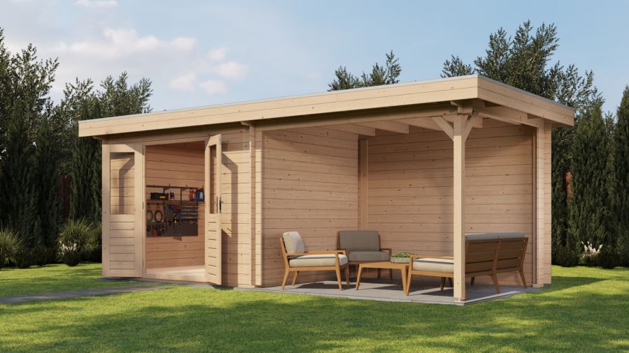 Lugarde Select Blokhut met overkapping Wageningen 300x250cm + 300cm - Onbehandeld