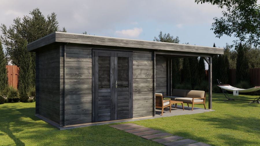 Lugarde Select Blokhut met overkapping Wageningen 300x250cm + 300cm - Keteldruk Grijs
