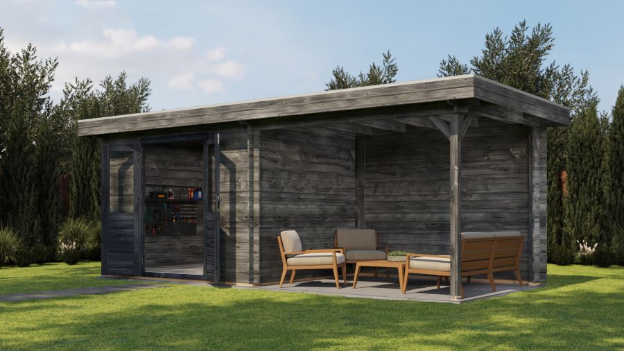 Lugarde Select Blokhut met overkapping Wageningen 300x250cm + 300cm - Keteldruk Grijs