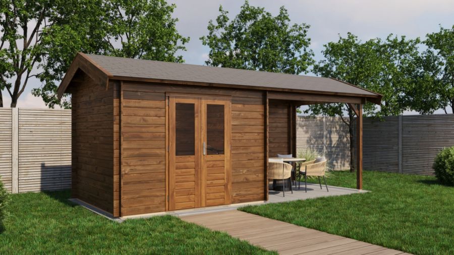Lugarde Select Blokhut met overkapping Varsseveld 300x250cm + 300cm - Keteldruk Bruin