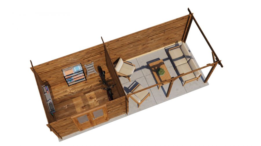 Lugarde Select Zandvoort Blokhut met overkapping 300x250 cm + 400 cm 28 mm vuren keteldruk bruin geïmpregneerd