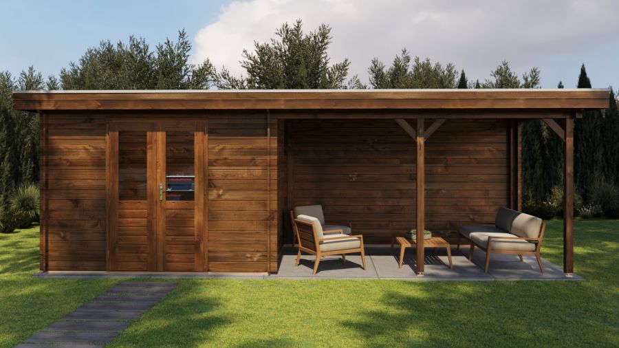 Lugarde Select Zandvoort Blokhut met overkapping 300x250 cm + 400 cm 28 mm vuren keteldruk bruin geïmpregneerd