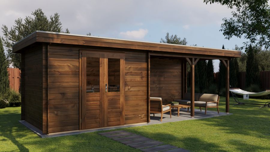 Lugarde Select Zandvoort Blokhut met overkapping 300x250 cm + 400 cm 28 mm vuren keteldruk bruin geïmpregneerd