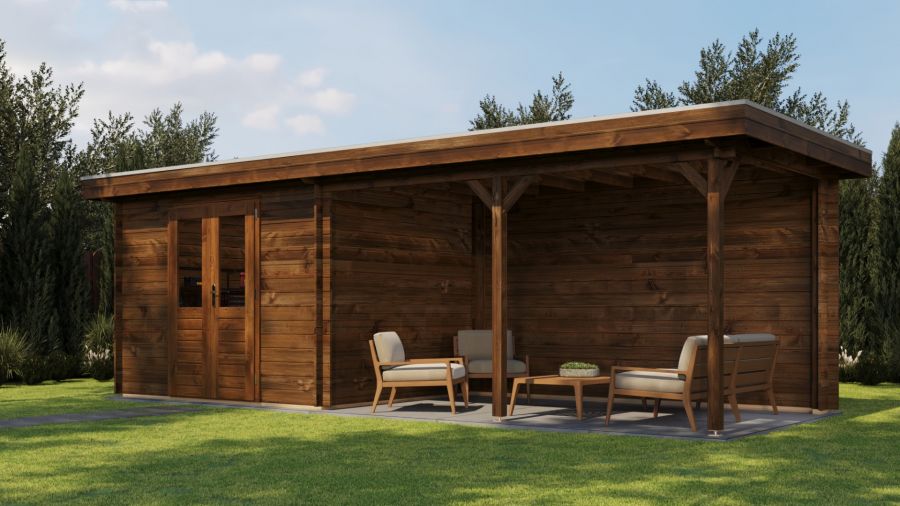 Lugarde Select Zandvoort Blokhut met overkapping 300x250 cm + 400 cm 28 mm vuren keteldruk bruin geïmpregneerd