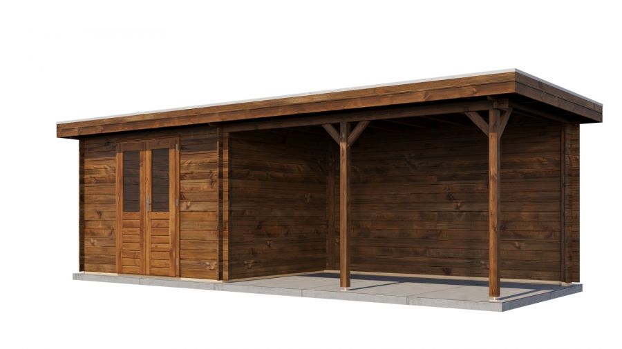 Lugarde Select Zandvoort Blokhut met overkapping 300x250 cm + 400 cm 28 mm vuren keteldruk bruin geïmpregneerd