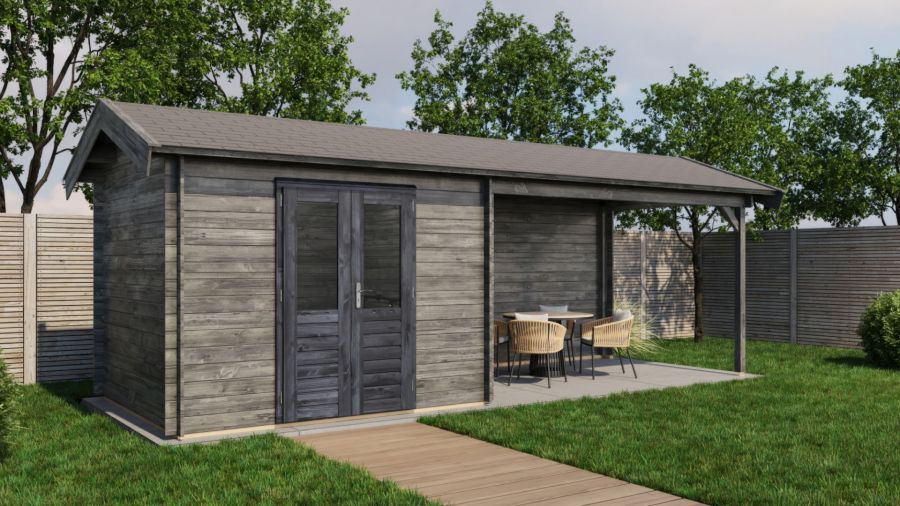 Lugarde Select Blokhut met overkapping Borne 300x250cm + 400cm - Keteldruk Grijs