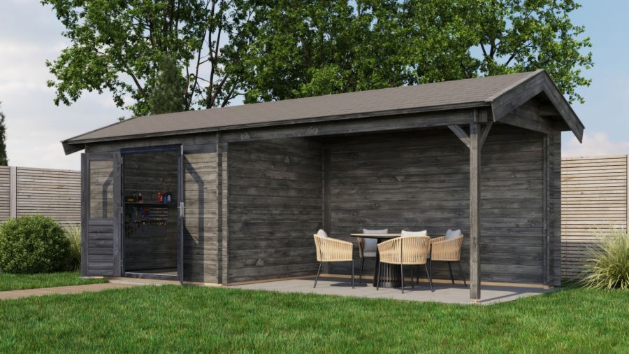 Lugarde Select Blokhut met overkapping Borne 300x250cm + 400cm - Keteldruk Grijs