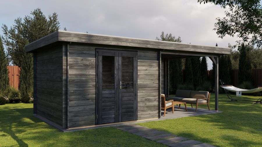 Lugarde Select Blokhut met overkapping Hilversum 300x300cm + 300cm - Keteldruk Grijs
