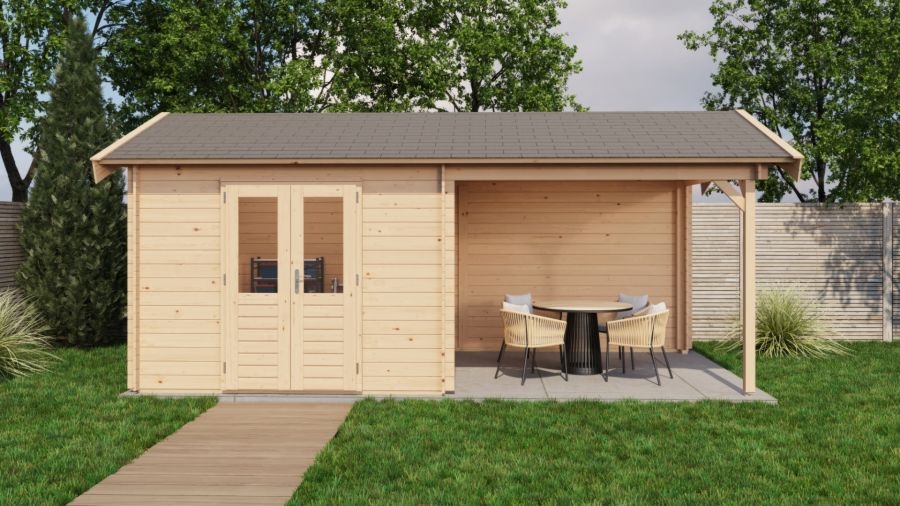 Lugarde Select Blokhut met overkapping Raalte 300x300cm + 300cm - Onbehandeld