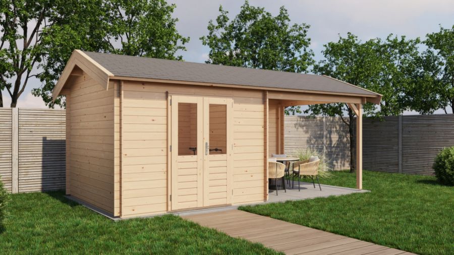 Lugarde Select Blokhut met overkapping Raalte 300x300cm + 300cm - Onbehandeld