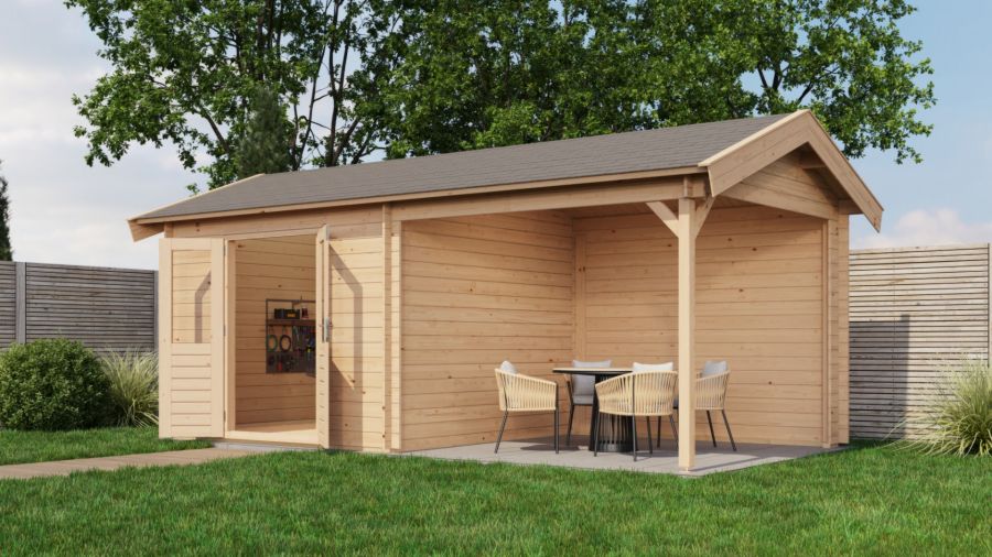 Lugarde Select Blokhut met overkapping Raalte 300x300cm + 300cm - Onbehandeld