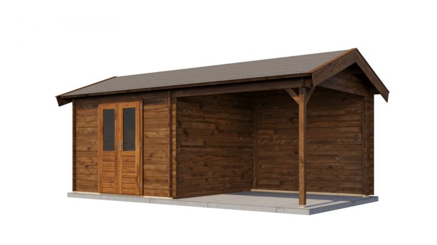 Lugarde Select Blokhut met overkapping Raalte 300x300cm + 300cm - Keteldruk Bruin
