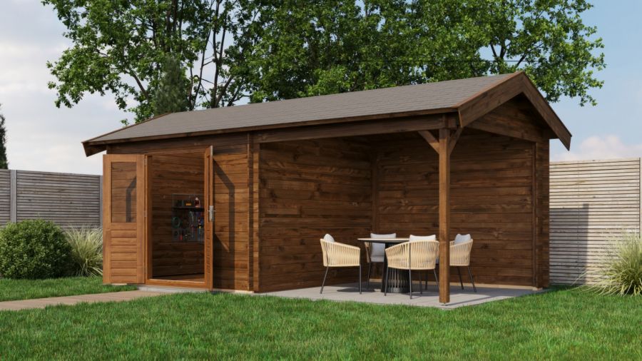 Lugarde Select Blokhut met overkapping Raalte 300x300cm + 300cm - Keteldruk Bruin
