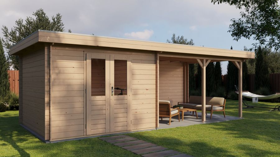 Lugarde Select Blokhut met overkapping Harderwijk 300x300cm + 400cm - Onbehandeld