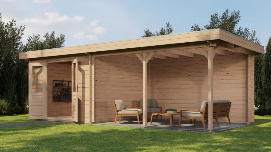 Lugarde Select Blokhut met overkapping Harderwijk 300x300cm + 400cm - Onbehandeld