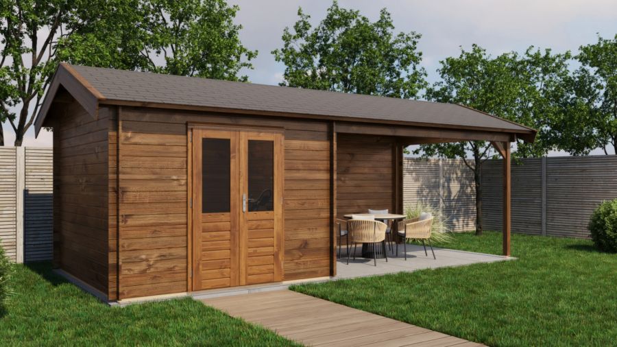 Lugarde Select Blokhut met overkapping Epe 300x300cm + 400cm - Keteldruk Bruin
