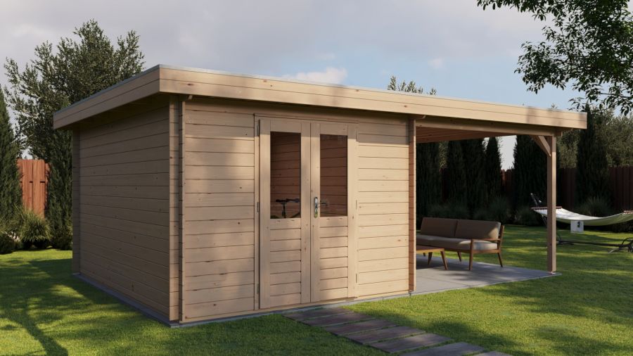 Lugarde Select Tiel Blokhut met overkapping 300x400 cm + 300 cm vuren blank