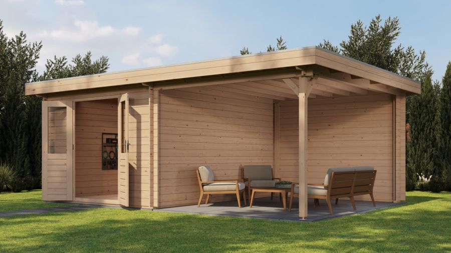 Lugarde Select Tiel Blokhut met overkapping 300x400 cm + 300 cm vuren blank