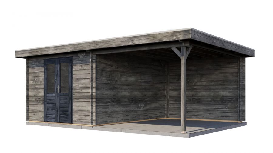 Lugarde Select Tiel Blokhut met overkapping 300x400 cm + 300 cm 28 mm keteldruk grijs geïmpregneerd