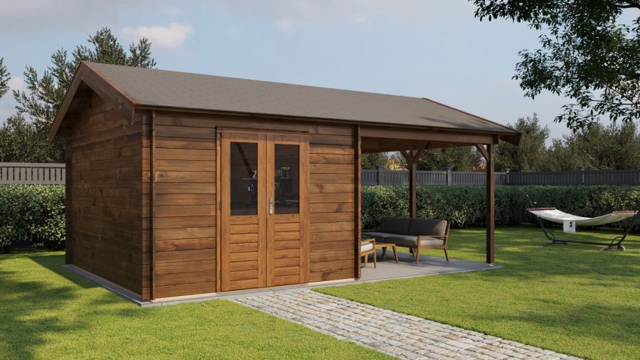 Lugarde Select Blokhut met overkapping Hattem 300x400cm + 300cm - Keteldruk Bruin