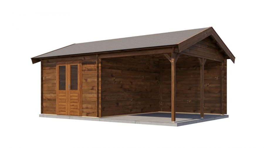 Lugarde Select Blokhut met overkapping Hattem 300x400cm + 300cm - Keteldruk Bruin
