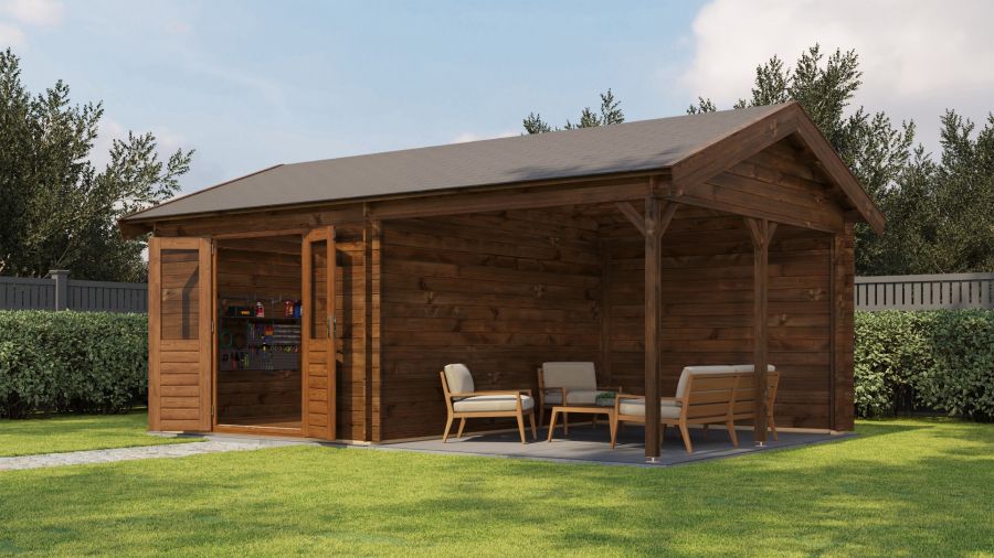 Lugarde Select Blokhut met overkapping Hattem 300x400cm + 300cm - Keteldruk Bruin