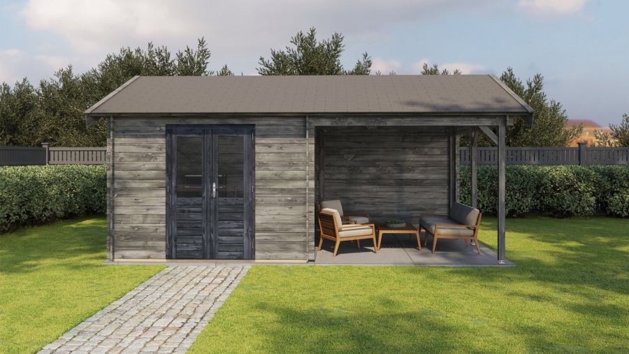 Lugarde Select Blokhut met overkapping Hattem 300x400cm + 300cm - Keteldruk Grijs