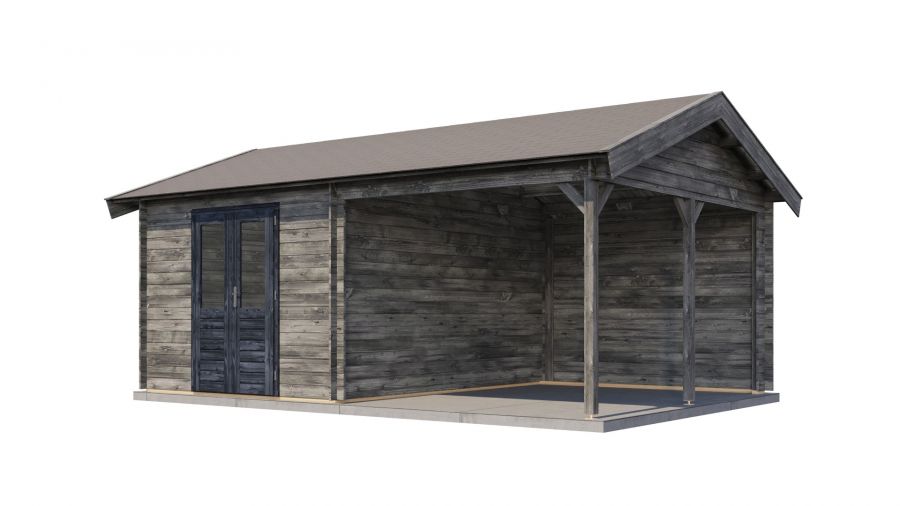 Lugarde Select Blokhut met overkapping Hattem 300x400cm + 300cm - Keteldruk Grijs