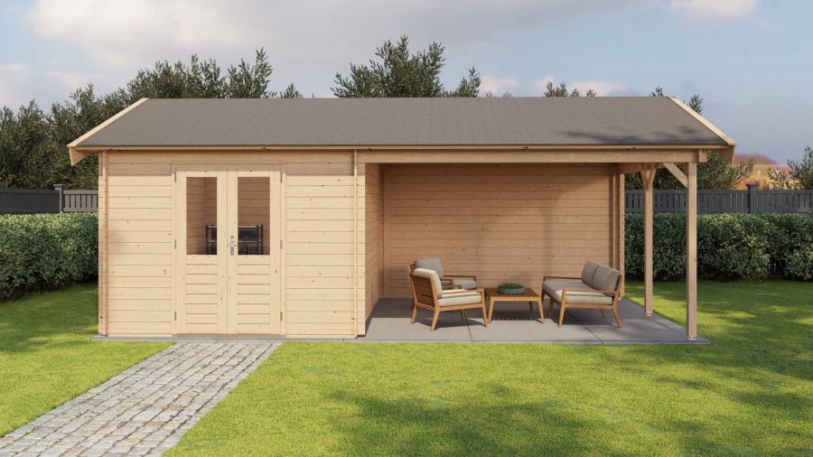 Lugarde Select Blokhut met overkapping Haaksbergen 300x400cm + 400cm - Onbehandeld