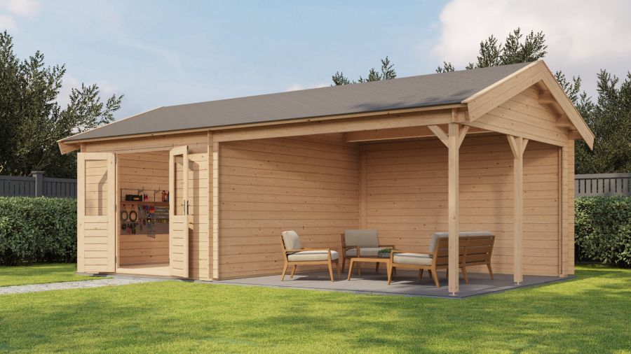 Lugarde Select Blokhut met overkapping Haaksbergen 300x400cm + 400cm - Onbehandeld