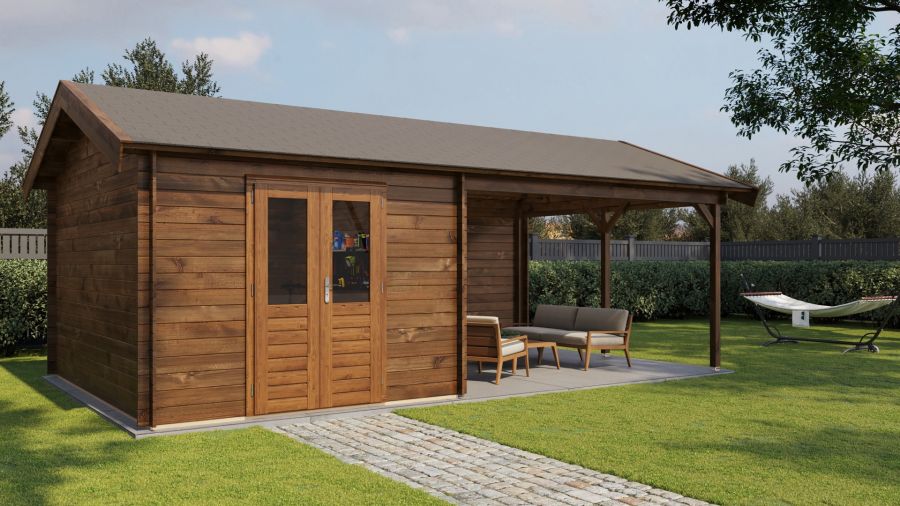 Lugarde Select Blokhut met overkapping Haaksbergen 300x400cm + 400cm - Keteldruk Bruin