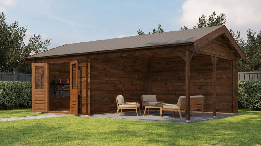 Lugarde Select Blokhut met overkapping Haaksbergen 300x400cm + 400cm - Keteldruk Bruin