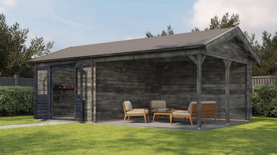 Lugarde Select Blokhut met overkapping Haaksbergen 300x400cm + 400cm - Keteldruk Grijs