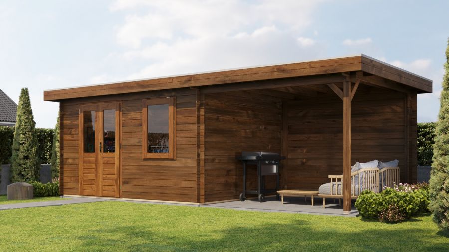 Lugarde Select Blokhut met overkapping Elst 400x300cm + 300cm - Keteldruk Bruin