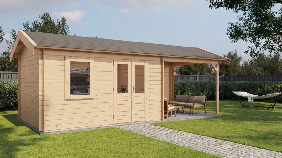 Lugarde Select Blokhut met overkapping Holten 400x300cm + 300cm - Onbehandeld