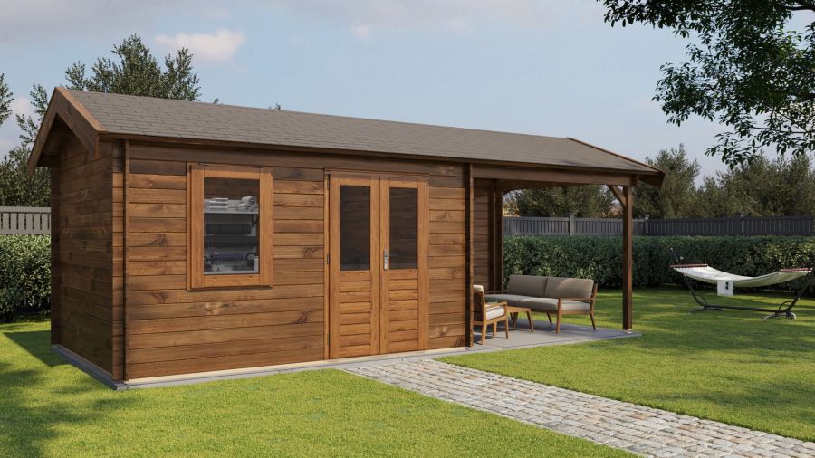 Lugarde Select Holten Blokhut met overkapping 400x300 cm + 300 cm keteldruk bruin geïmpregneerd