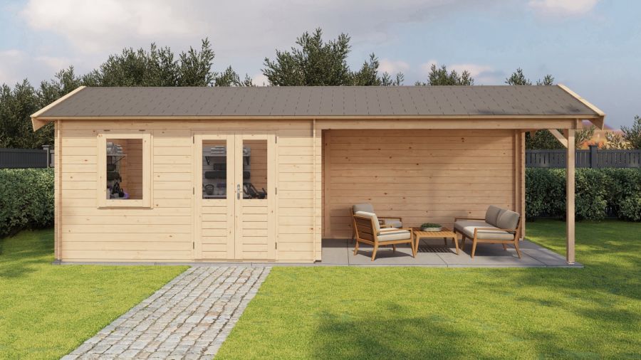 Lugarde Select Blokhut met overkapping Voorst 400x300cm + 400cm - Onbehandeld