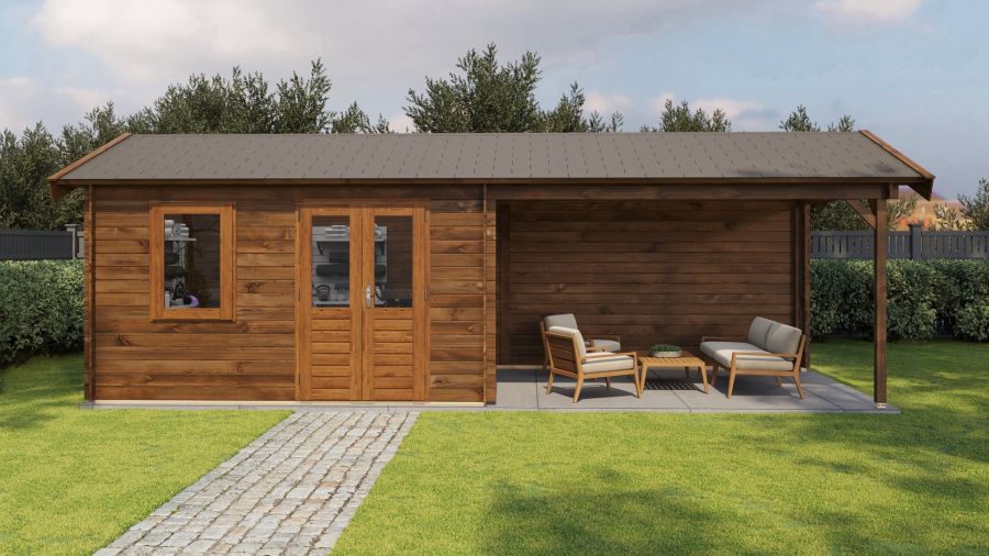 Lugarde Select Blokhut met overkapping Voorst 400x300cm + 400cm - Keteldruk Bruin
