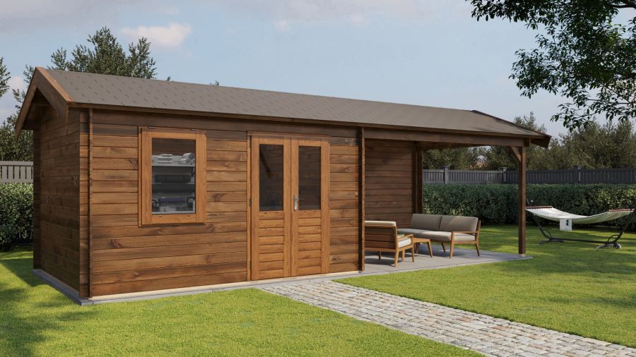 Lugarde Select Blokhut met overkapping Voorst 400x300cm + 400cm - Keteldruk Bruin