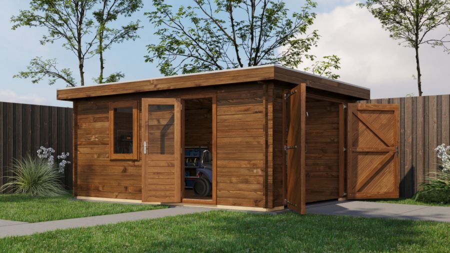Lugarde Select Blokhut Eibergen met garagedeur 350x500cm - Keteldruk Bruin
