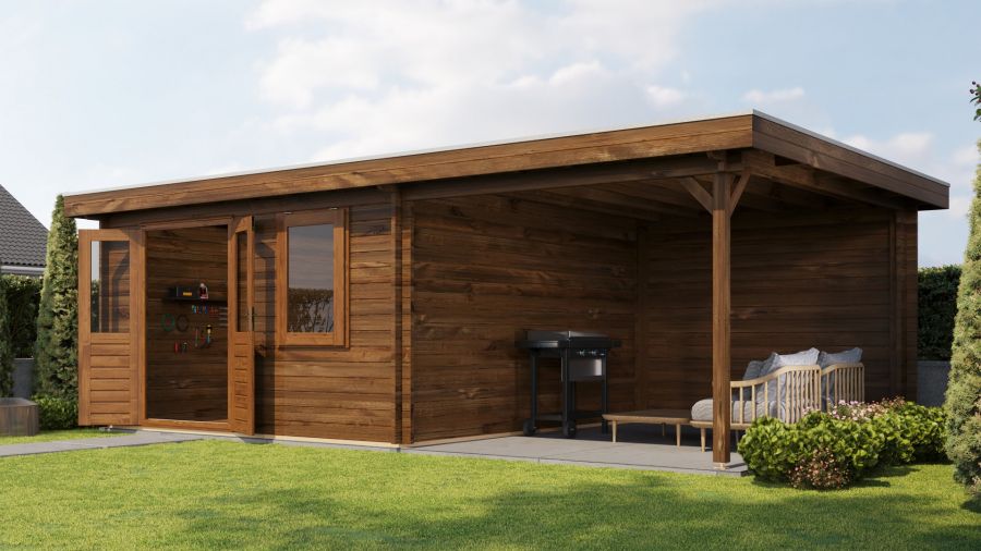 Lugarde Select Blokhut met overkapping Wehl 400x400cm + 300cm - Keteldruk Bruin