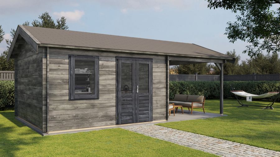 Lugarde Select Blokhut met overkapping Oosterbeek 400x400cm + 300cm - Keteldruk Grijs