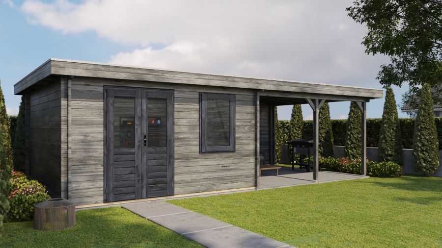 Lugarde Select Blokhut met overkapping Didam 400x400cm + 400cm - Keteldruk Grijs