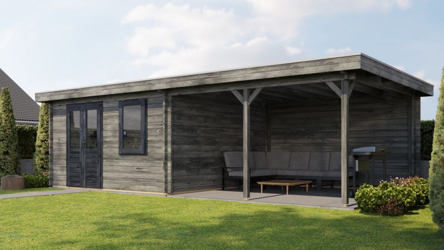 Lugarde Select Blokhut met overkapping Didam 400x400cm + 400cm - Keteldruk Grijs