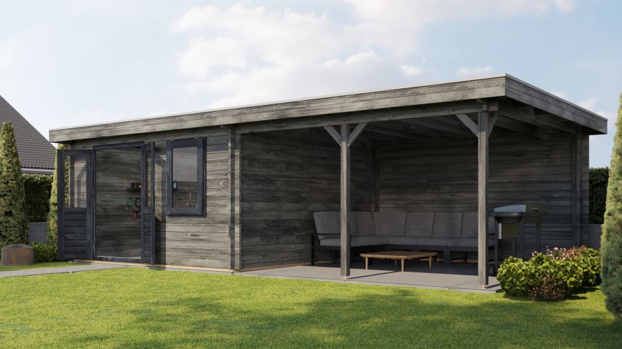 Lugarde Select Blokhut met overkapping Didam 400x400cm + 400cm - Keteldruk Grijs